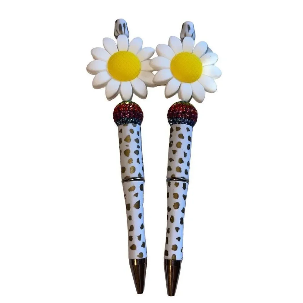 Flower daisy floral beaded writing pen handmade spots animal print rainbow glitt
